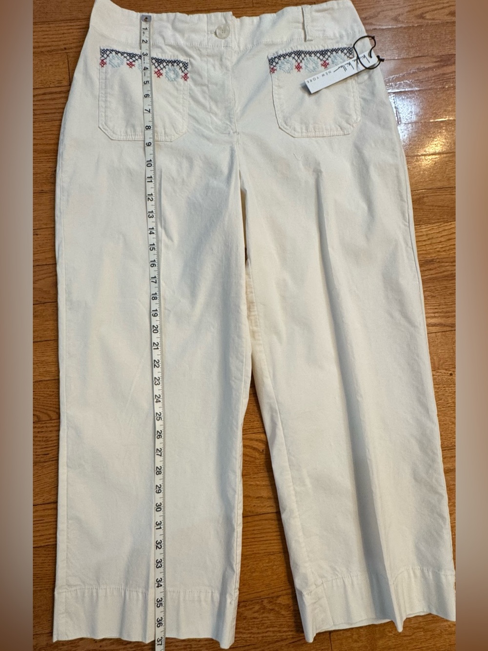 Nicole Miller Cream Straight-Leg Pants with Embroidered Pocket Trim